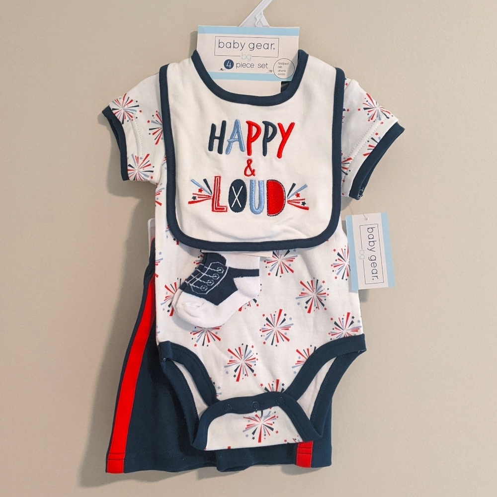 NWT Patriotic Baby Set, Onesie, Shorts, Socks, Bib